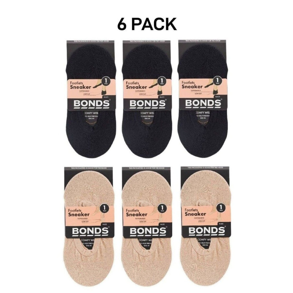 Bonds Womens No Show Footlets Cotton Rich Stocking Socks Seamless 6 Pack L7344W
