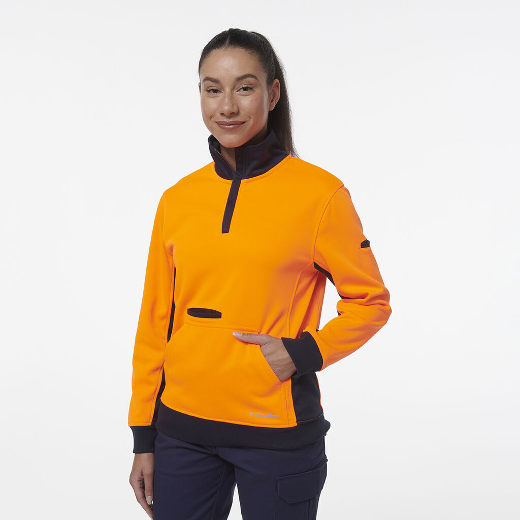 KingGee Womens Hi Vis Spliced Pocket Collar 1/4 Zip Fleece Safety Warmer K45008