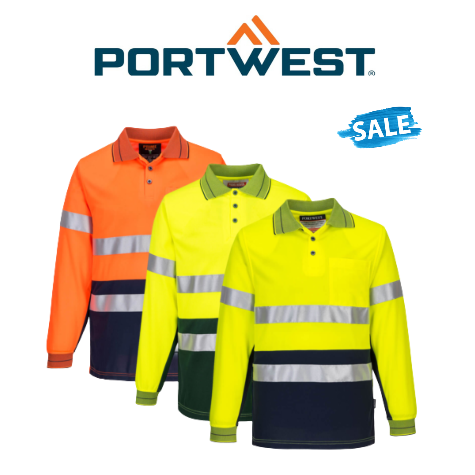 SALE Portwest Prime Mover Long Sleeve Micro Mesh Polo Taped Work Hi-Vis MP513