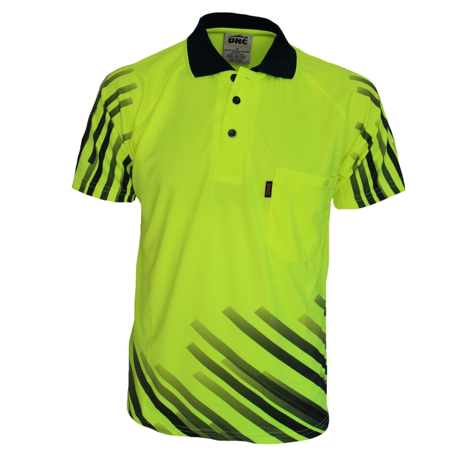 DNC Mens HiVis Sublimated Full Stripe Workwear Safety Button Polo 3566