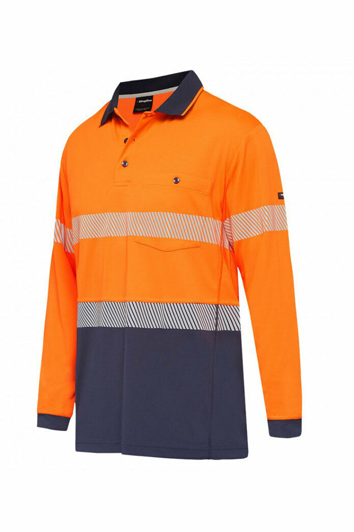 KingGee Mens Hi-Vis Workcool Summer Polo Shirt Long Sleeve Taped Work K54225-Collins Clothing Co
