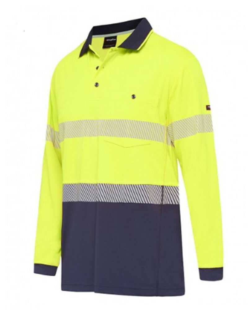 KingGee Mens Hi-Vis Workcool Summer Polo Shirt Long Sleeve Taped Work K54225-Collins Clothing Co