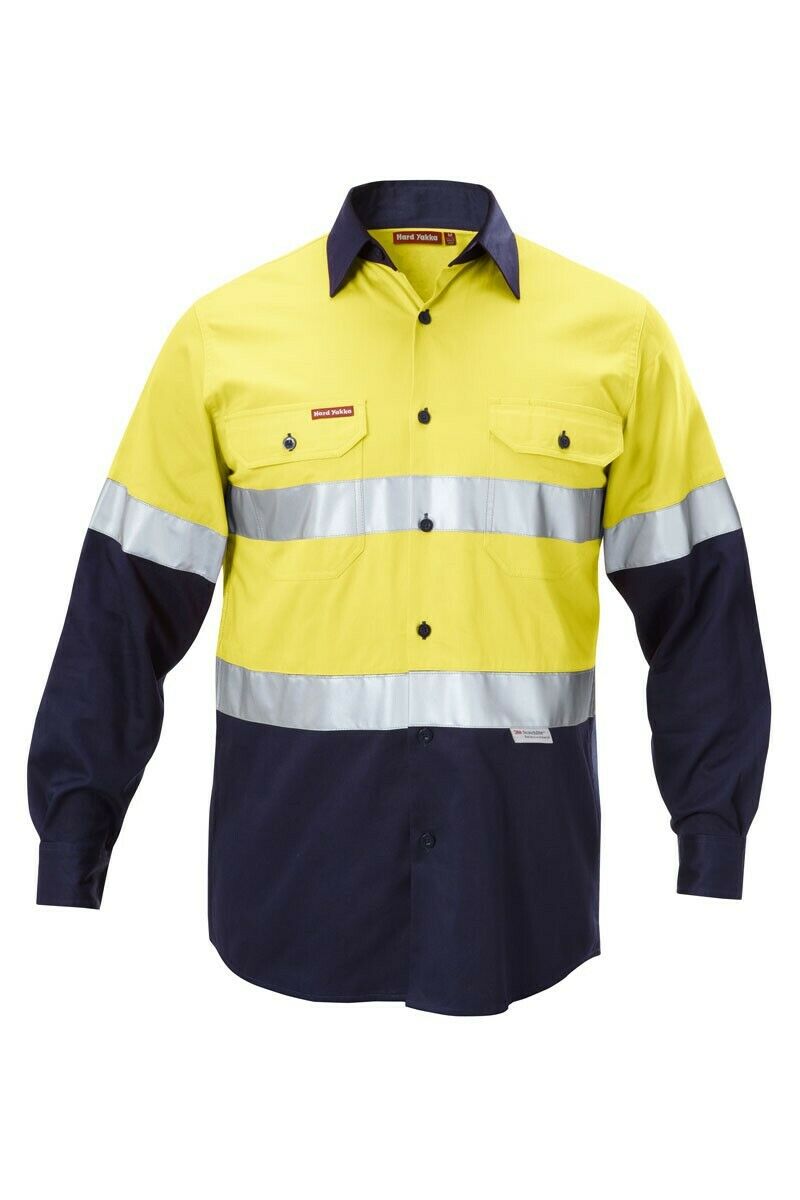 Hard Yakka Work Shirt Hi-Vis Taped Safety Long Sleeve Cotton Drill Y07990-Collins Clothing Co
