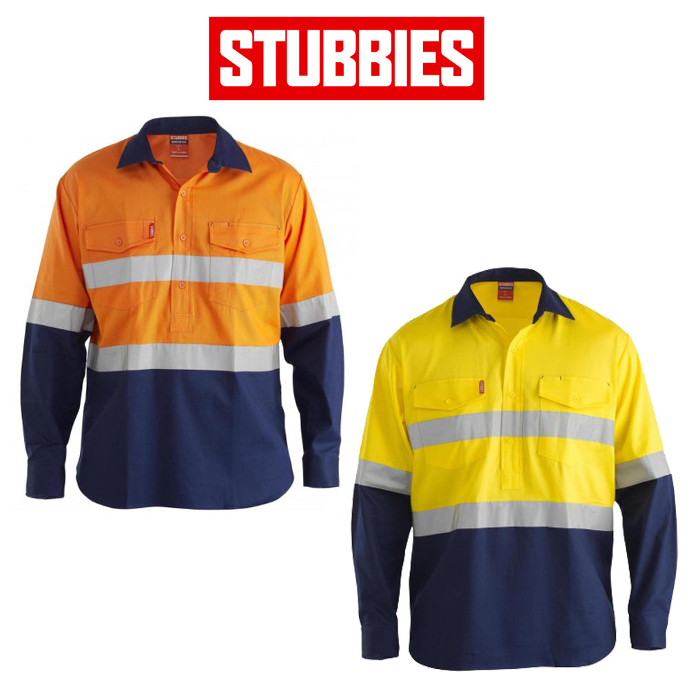 Mens Stubbies Long Sleeve Closed Front Spliced Drill Shirt Hi-Vis ...
