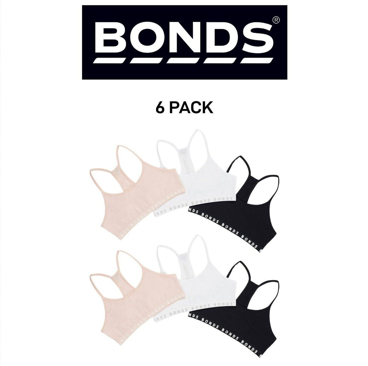 Bonds Girl Hipster Racer Crop Non-Slip Strap Racerback Shape Bra 6 Pack UWPT3A