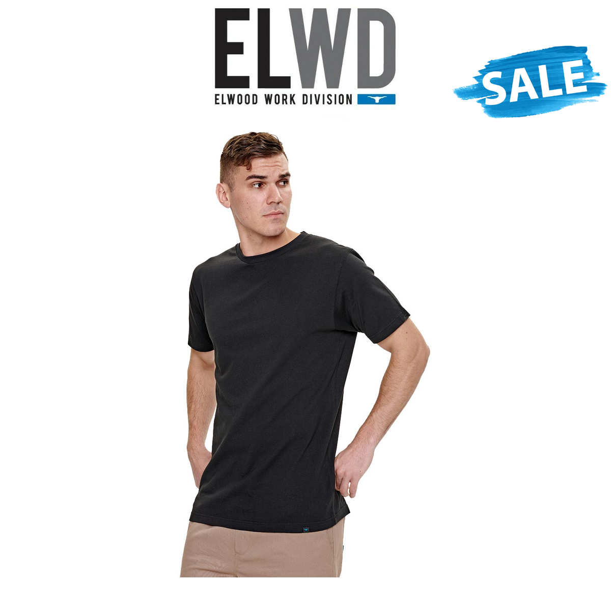 SALE Elwood Mens Bulls Horns Tee Cotton Short Sleeve Stretch T-Shirt Work EWD812