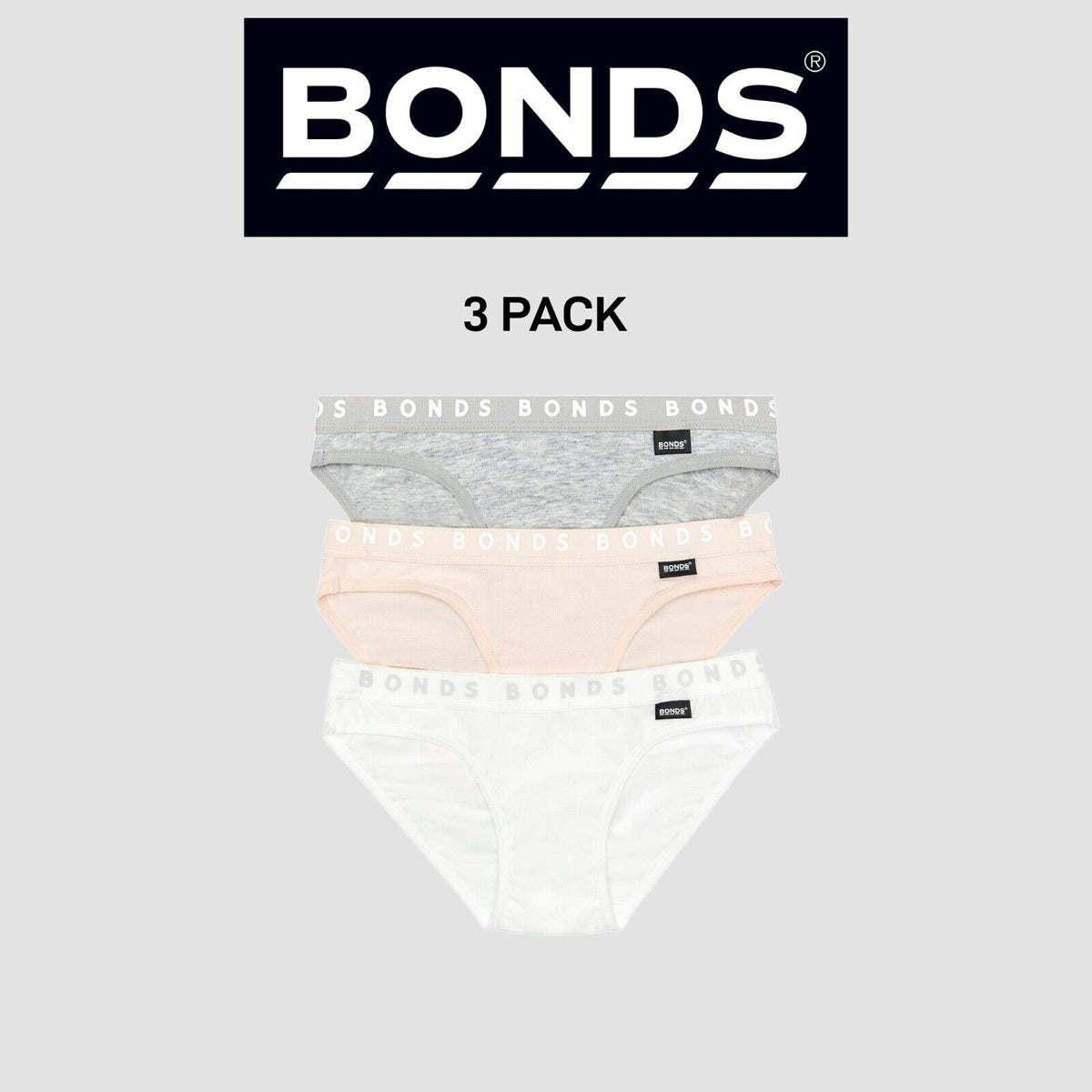 Bonds Girls Hipster Bikini Plain Comfortable Cotton Fabric 3 Pack UWPR3A