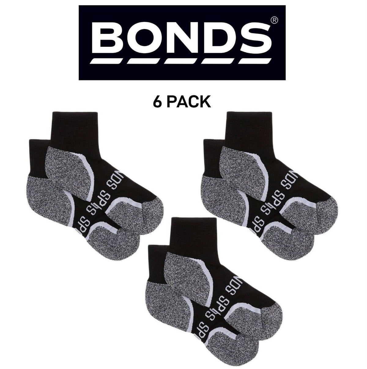 Bonds Mens Ultimate Comfort Quarter Crew Socks Breathable Cotton 6 Pack SXV92N
