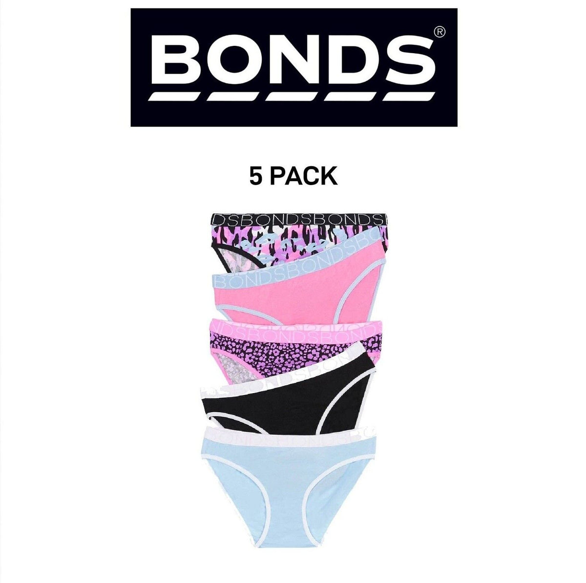 Bonds Girls Bikini Soft and Stretchy Fit Perfect Everyday Coverage 5 Pack UWNV5A