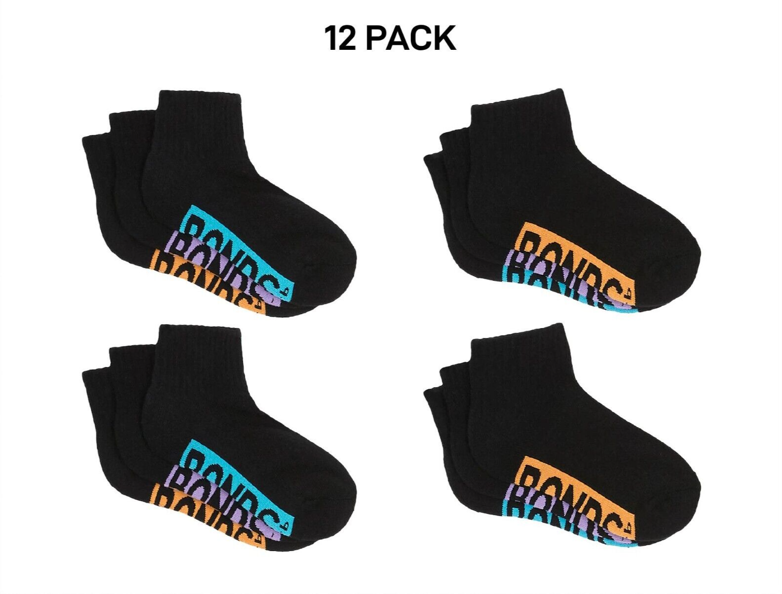 Bonds Kids Cushioned Quarter Crew Socks Comfy Stay Put Grip Soles 12 Pack RXVP3N