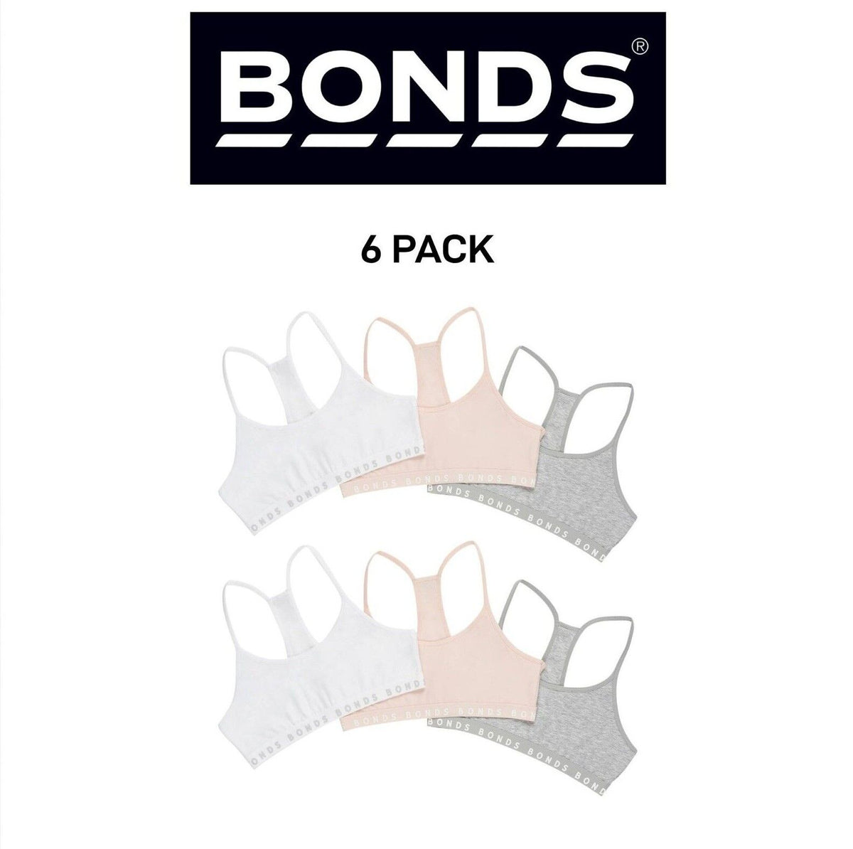 Bonds Girl Hipster Racer Crop Non-Slip Strap Racerback Shape Bra 6 Pack UWPT3A