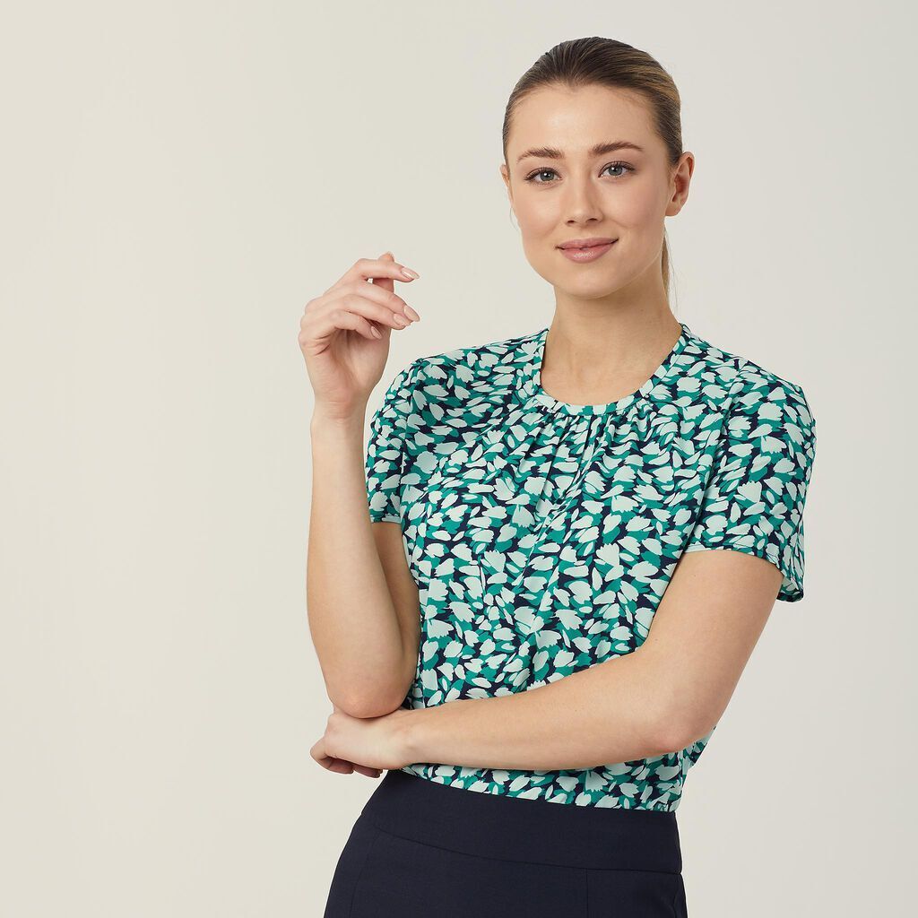 Clearance! NNT Petal Print Short Sleeve Top Round Neckline Classic Fit CATUFA-Collins Clothing Co