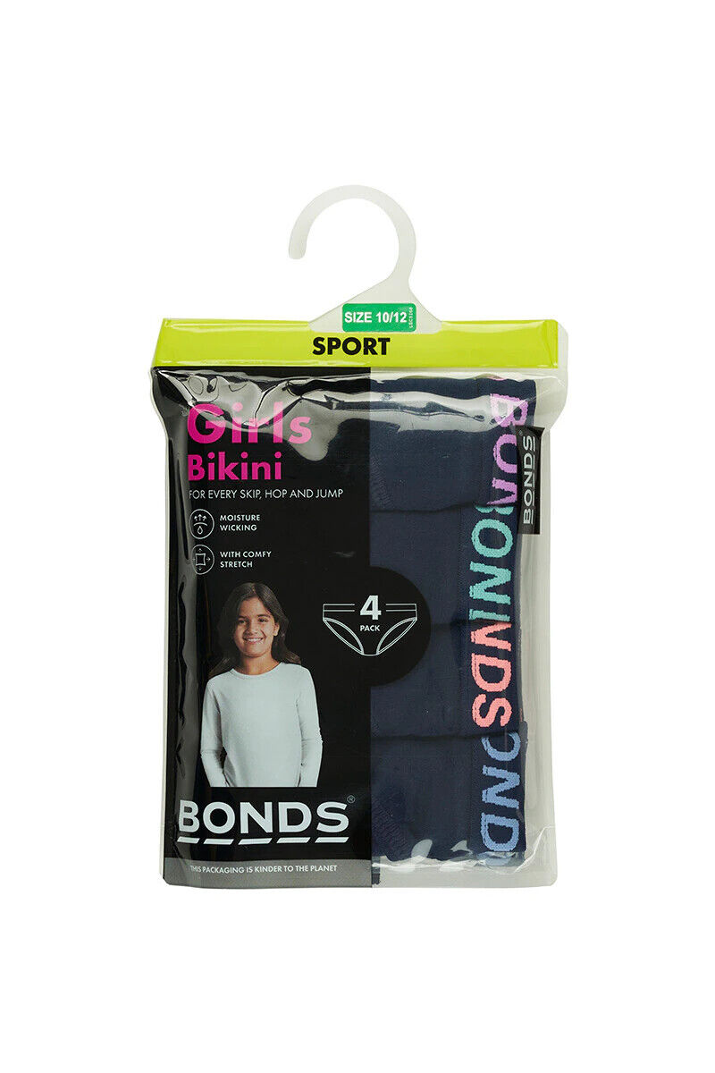 Bonds Girls Bikini Sport Ultimate Comfy and Fresh Moisture Wicking 4 Pack UWKL4A