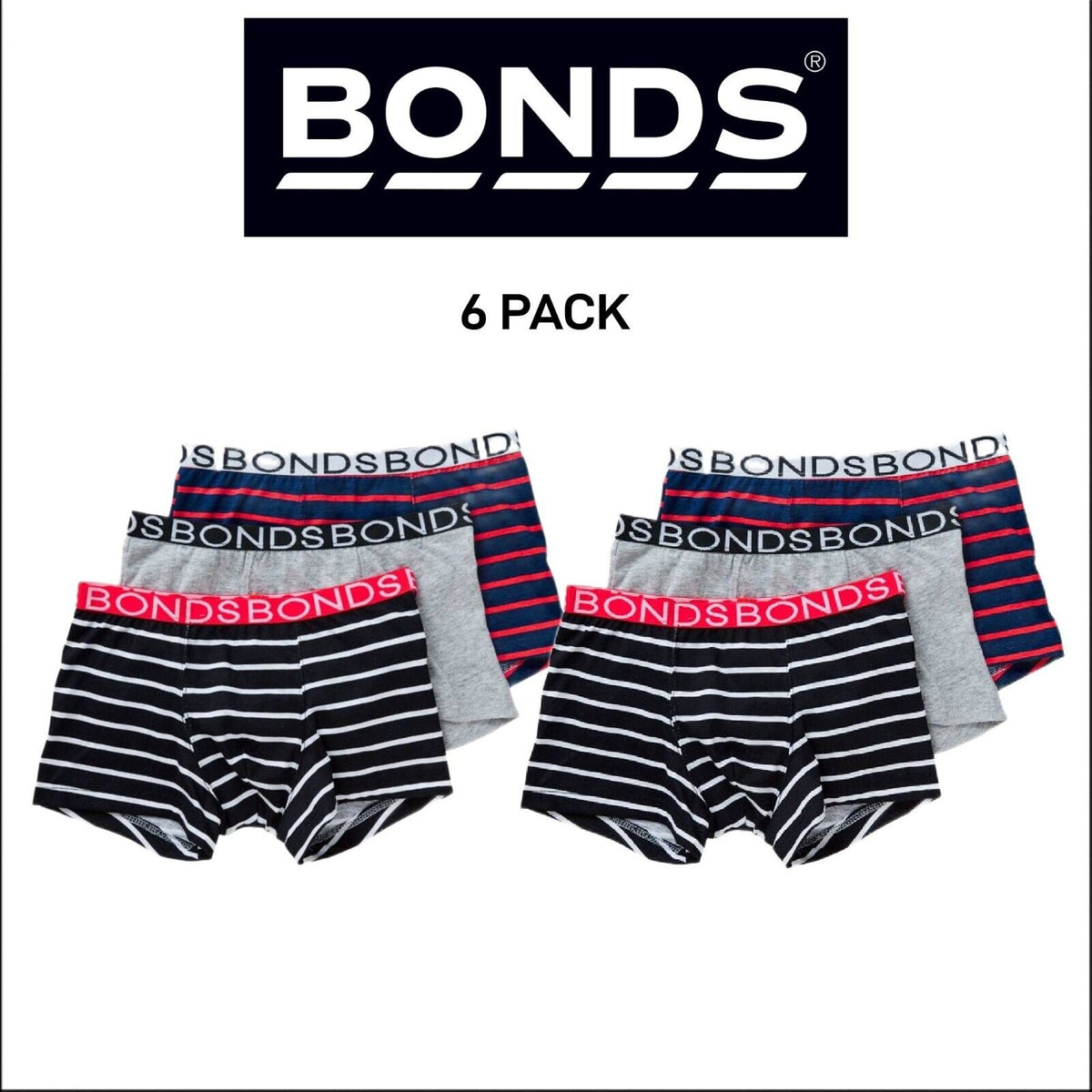 Bonds Boys Trunk Classic Branded Soft Elastic Stretch Waistband 6 Pack UXYJ3A