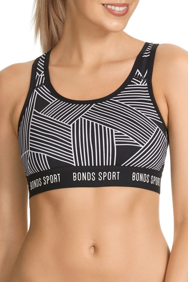 Womens Bonds Active Micro Crop Body Top Running Gym Yoga Geometric Black White