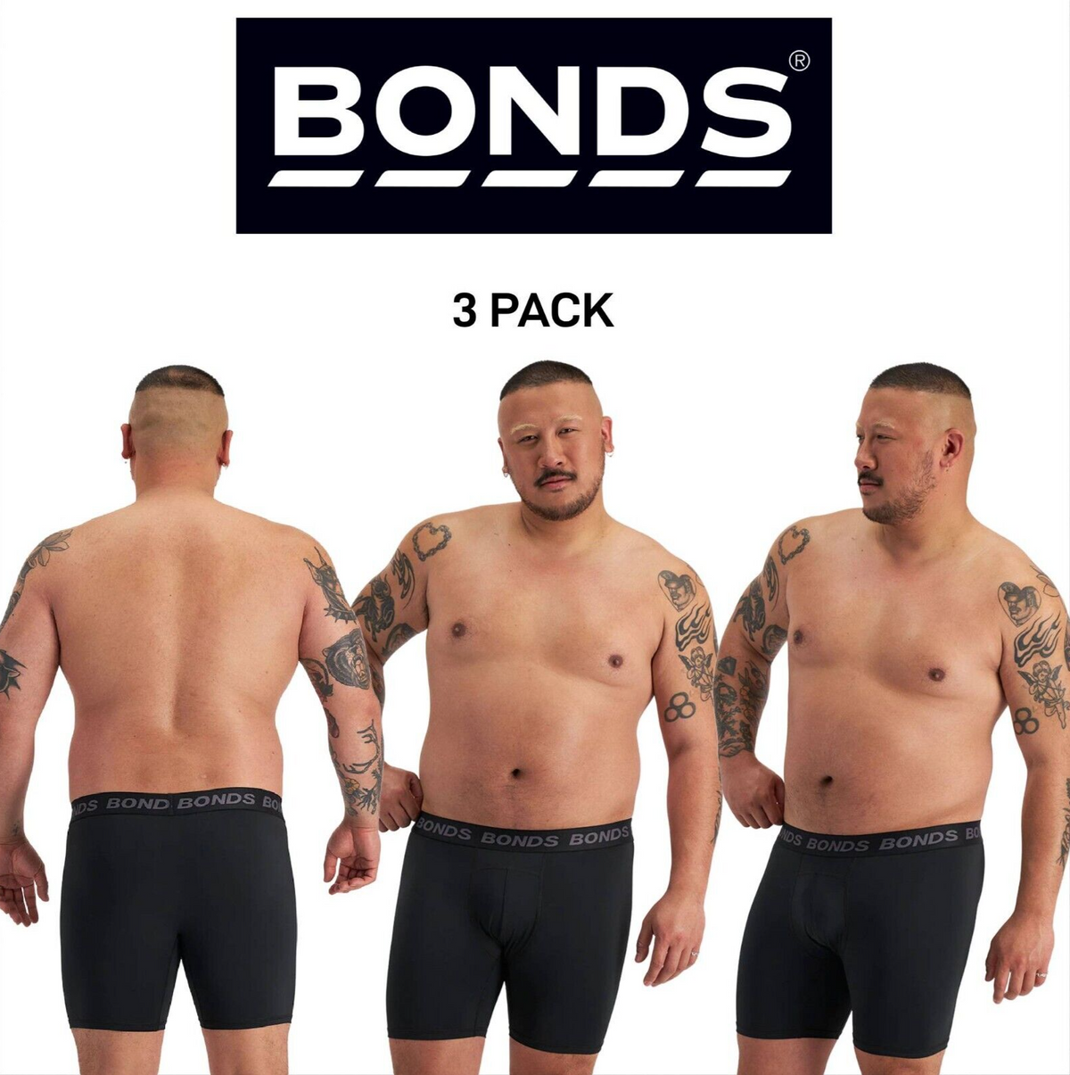 Bonds Mens Quickdry Mid Trunk Wide Inner Leg Panel Moisture Wicking 3 Pack MWQK
