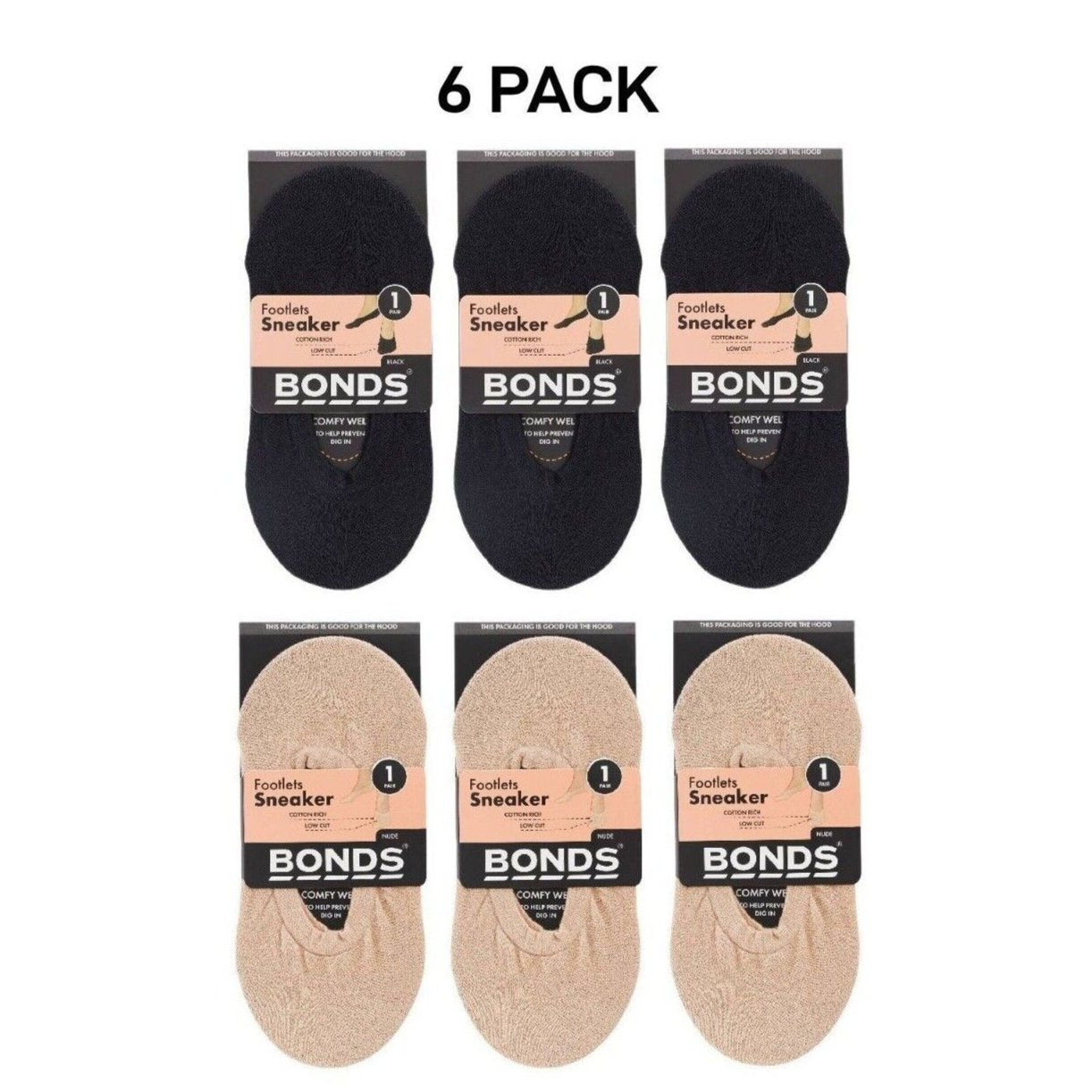 Bonds Womens No Show Footlets Cotton Rich Stocking Socks Seamless 6 Pack L7344W