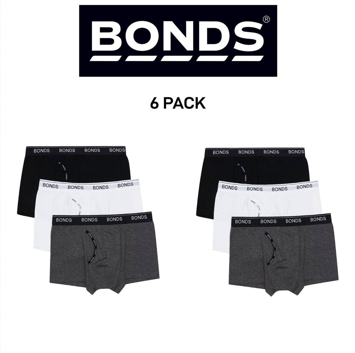 Bonds Mens Guyfront Trunk Stretchy Cotton Seam free Sides Elastic 6 Pack MZ963A