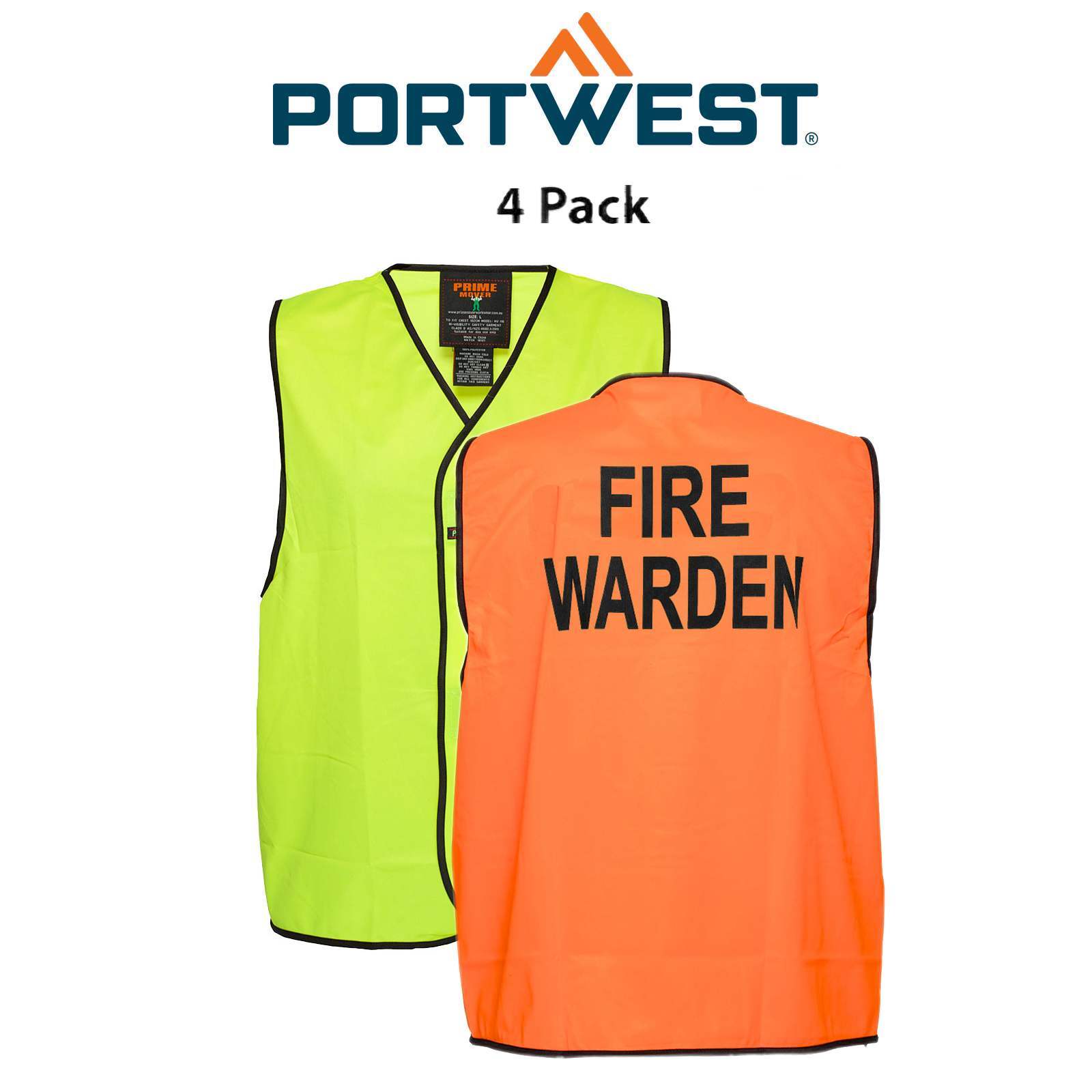 Portwest Fire Warden Hi-Vis Vest 4 Packs Class D Comfort Tape Work Safety MV118