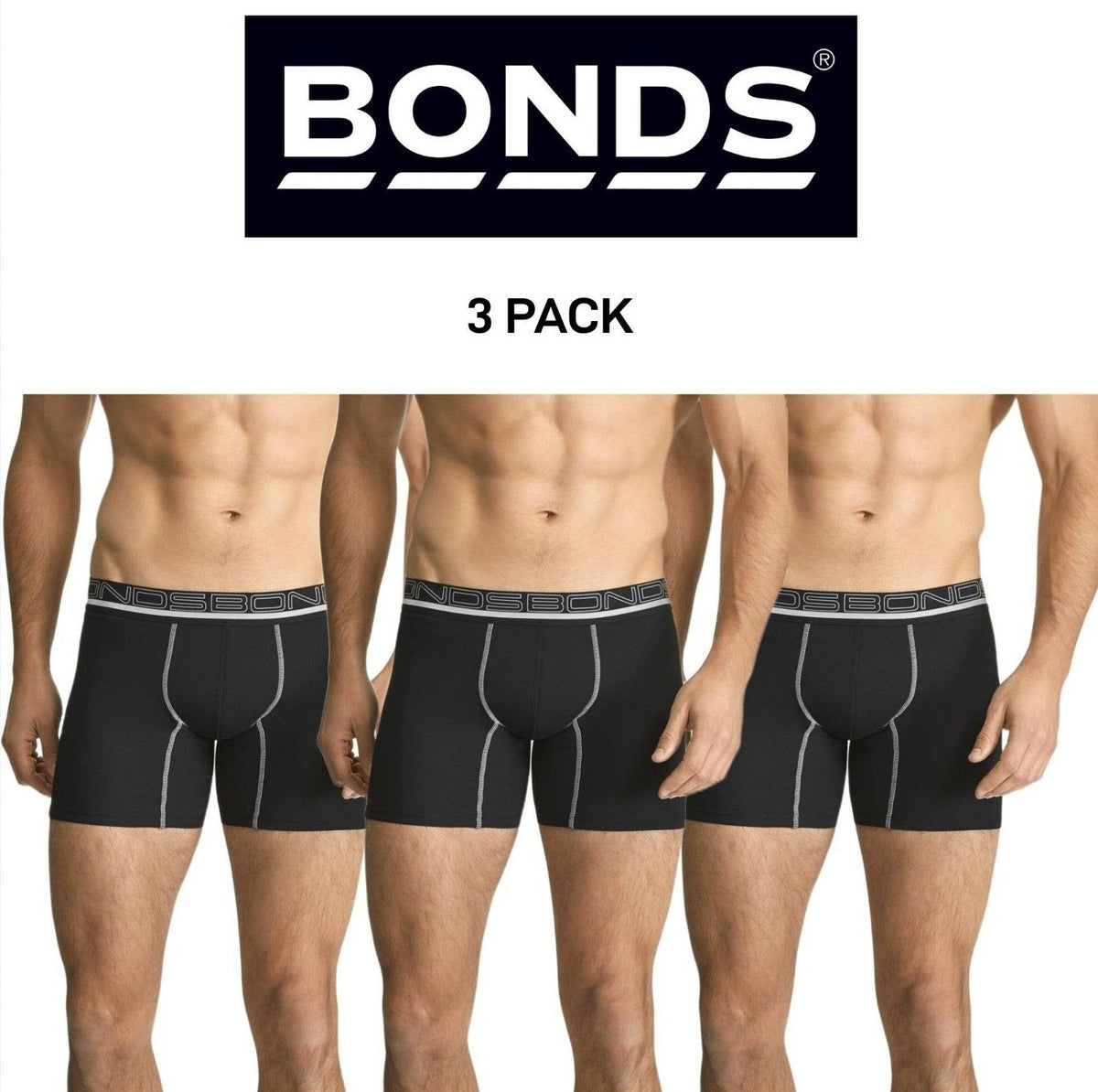 Bonds Mens Active Mid Trunk Super Breathable Reflective Waistband 3 Pack MZEUA