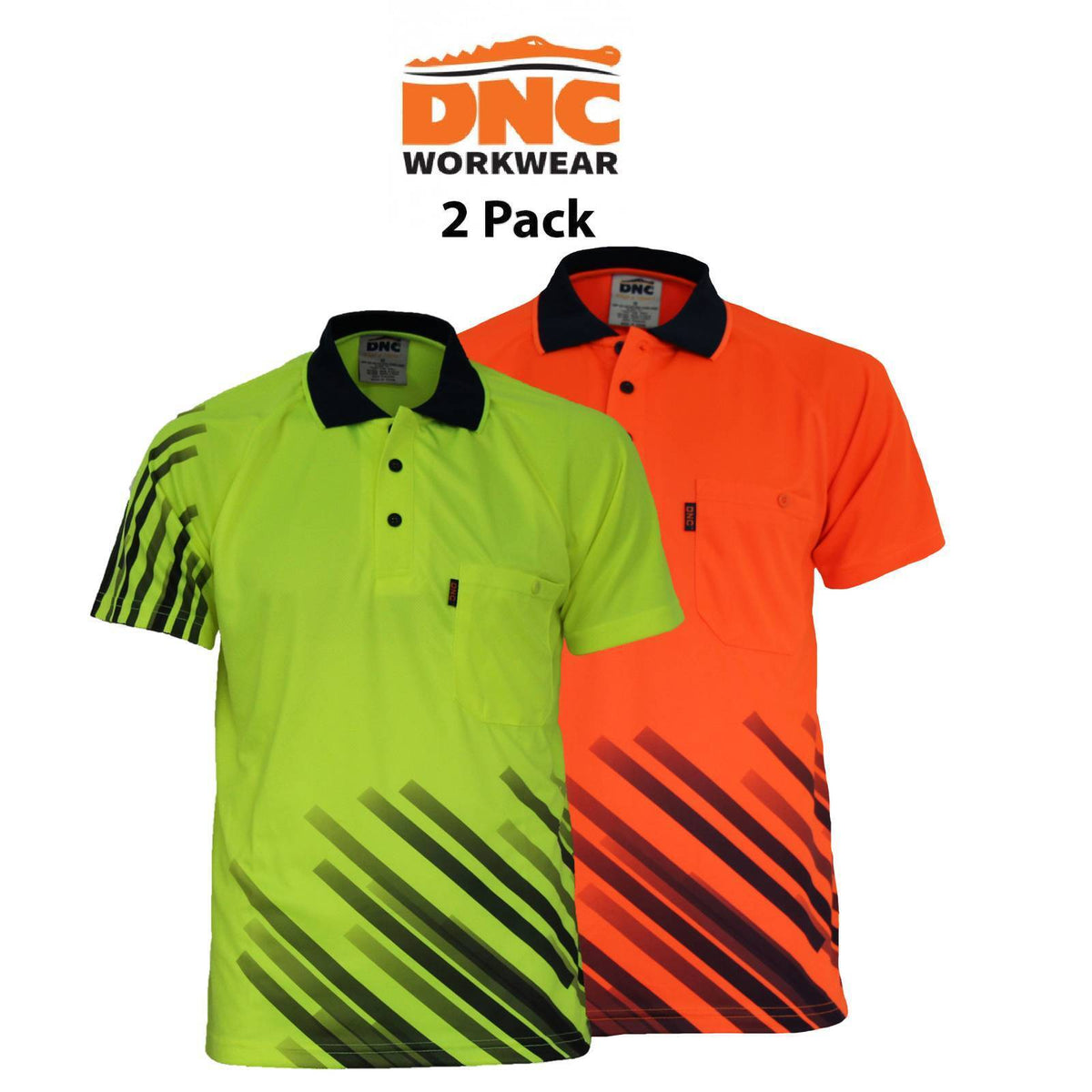 DNC Mens 2 Pack Hivis Sublimated Stripe Workwear Safety Pockets Button Polo 3565