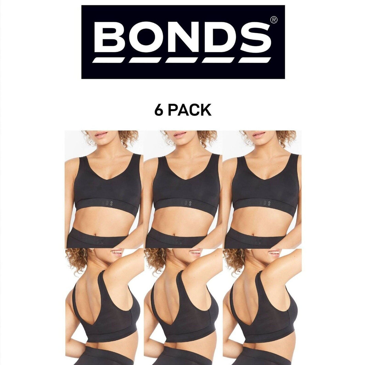 Bonds Womens Invisi Crop V-Neck Style Bra Sleek & Lightweight Comfy 6 Pack YX7N