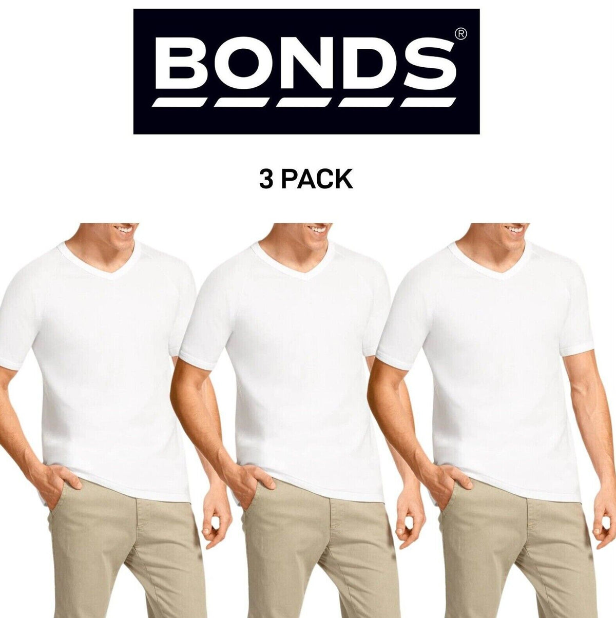 Bonds Mens Genuine V-Neck Raglan Tee Seamfree Sleeve in Smaller Size 3 Pack M976