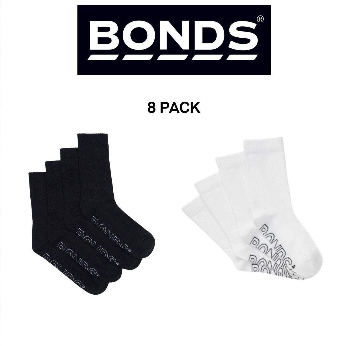 Bonds Kids Logo Light Crew Sock Soft Cotton Mesh Cooling 8 Pack RXVJ4N