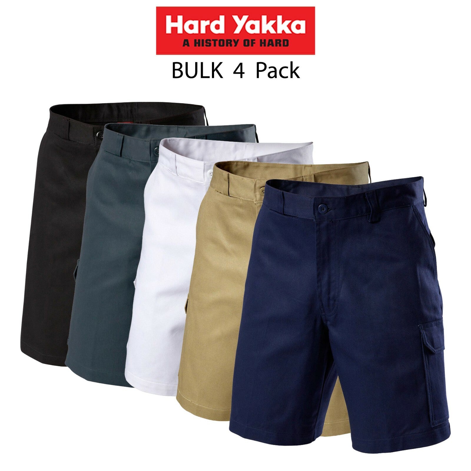 Hard Yakka Mens 4 Pack Generation Gen Y Cotton Cargo Drill Work Shorts Y05500