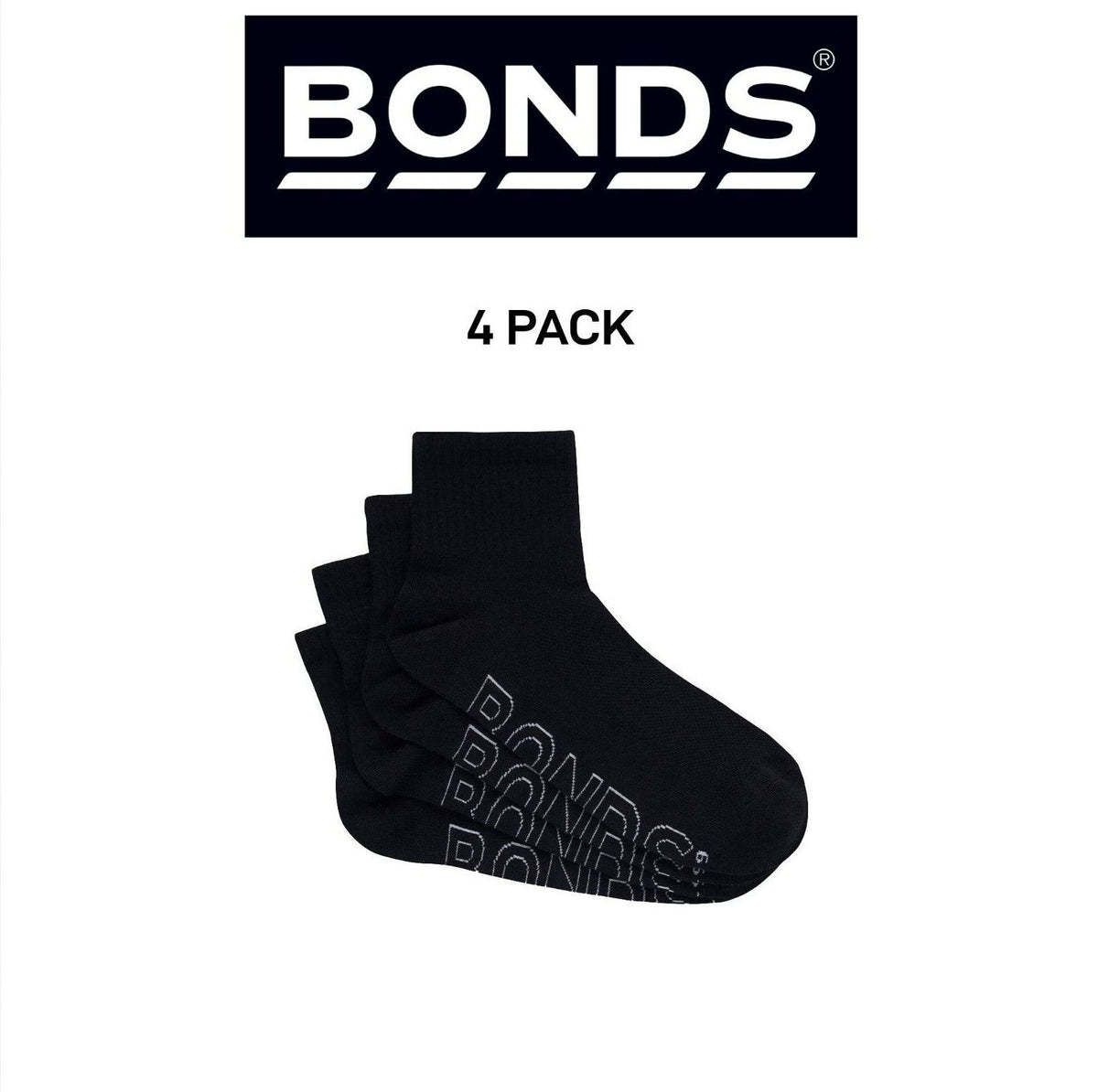 Bonds Mens Logo Lightweight Quarter Crew Comfy Aussie Cotton Sock 4 Pack SXMX4N