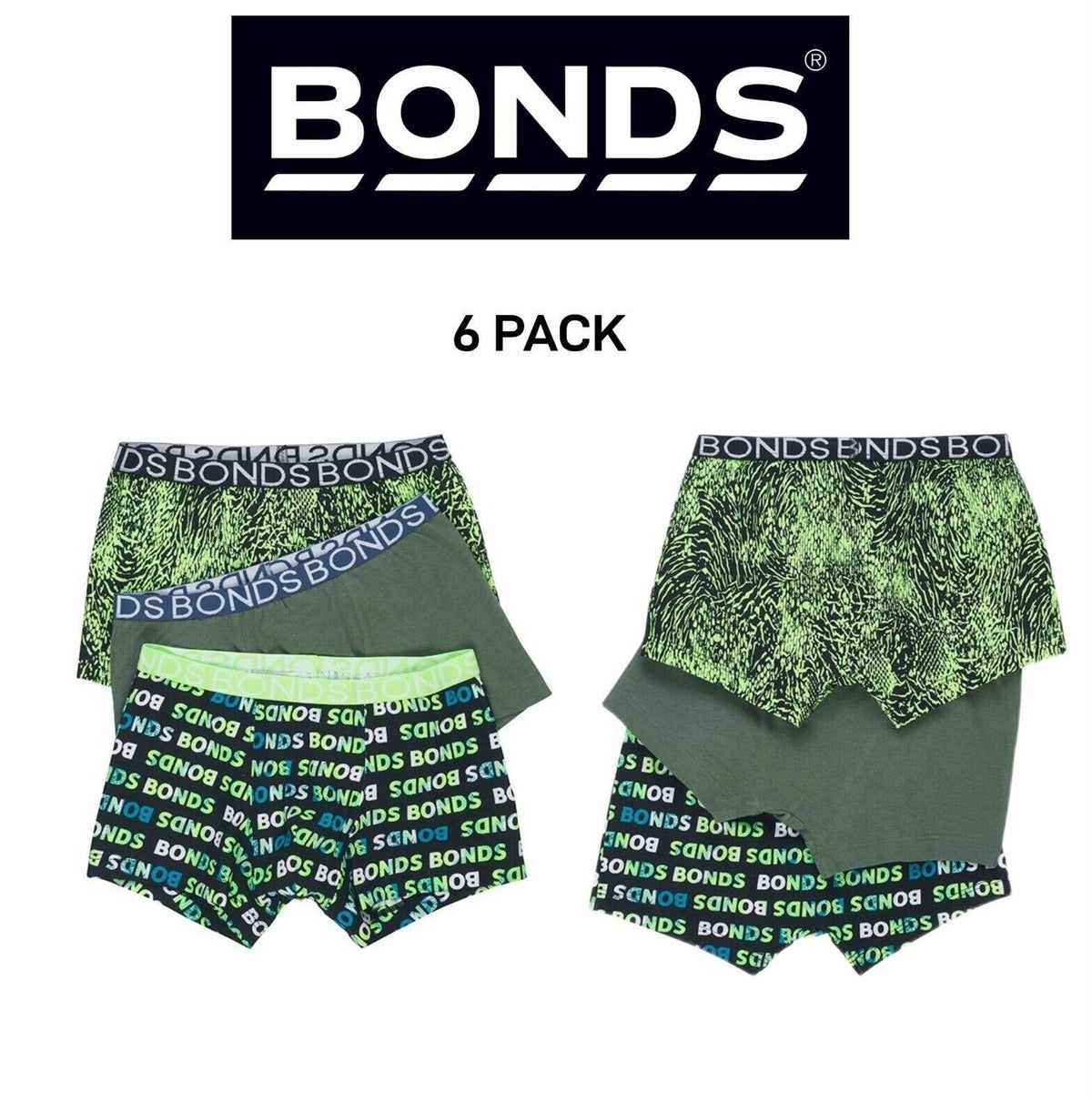 Bonds Boys Trunk Classic Branded Soft Elastic Stretch Waistband 6 Pack UXYJ3A