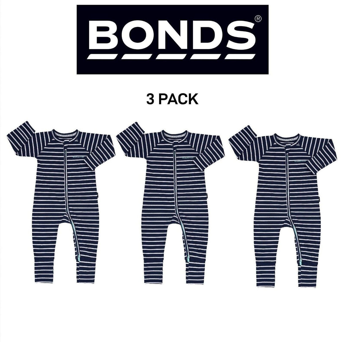Bonds Baby Zip Wondersuit Soft Cosy Stretchy Fabric Logo Waistband 3 Pack BZDYA