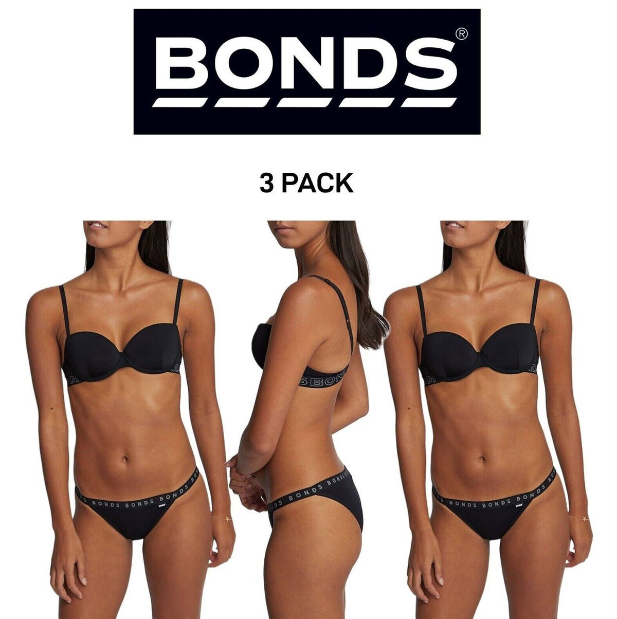 Bonds Womens Hipster String Bikini Cheeky fit with cut-away sides 3 Pack WUVYA