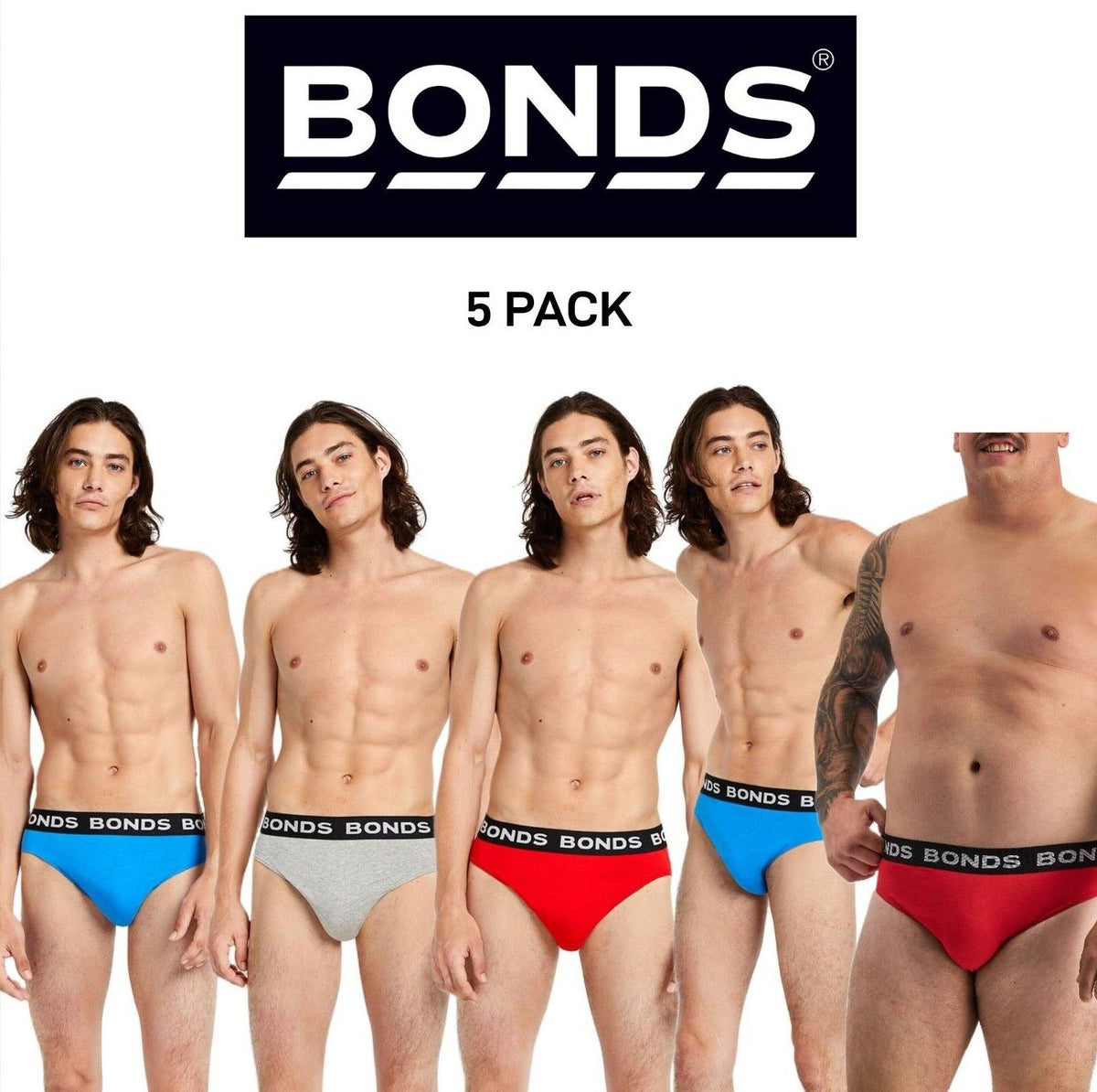 Bonds Mens Hipster Brief  Wide Comfortable Elastic Waistband 5 Pack M8DM5T
