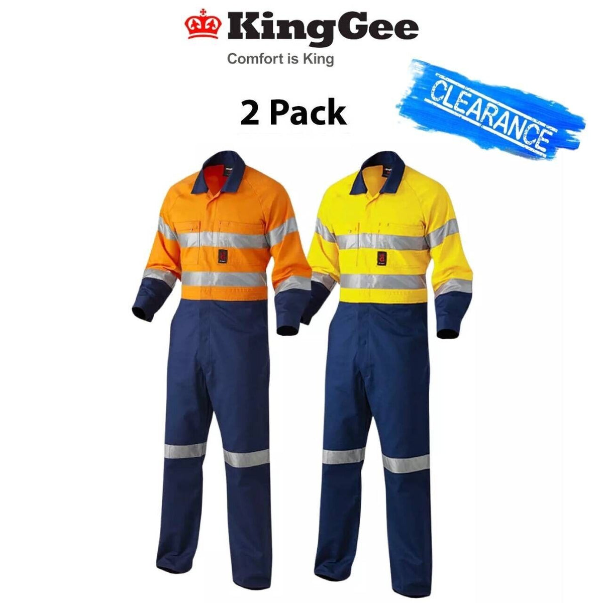 CLEARANCE! KingGee Mens 2Pack Hi-Vis Drill Overalls Spliced Cotton Safety K51525