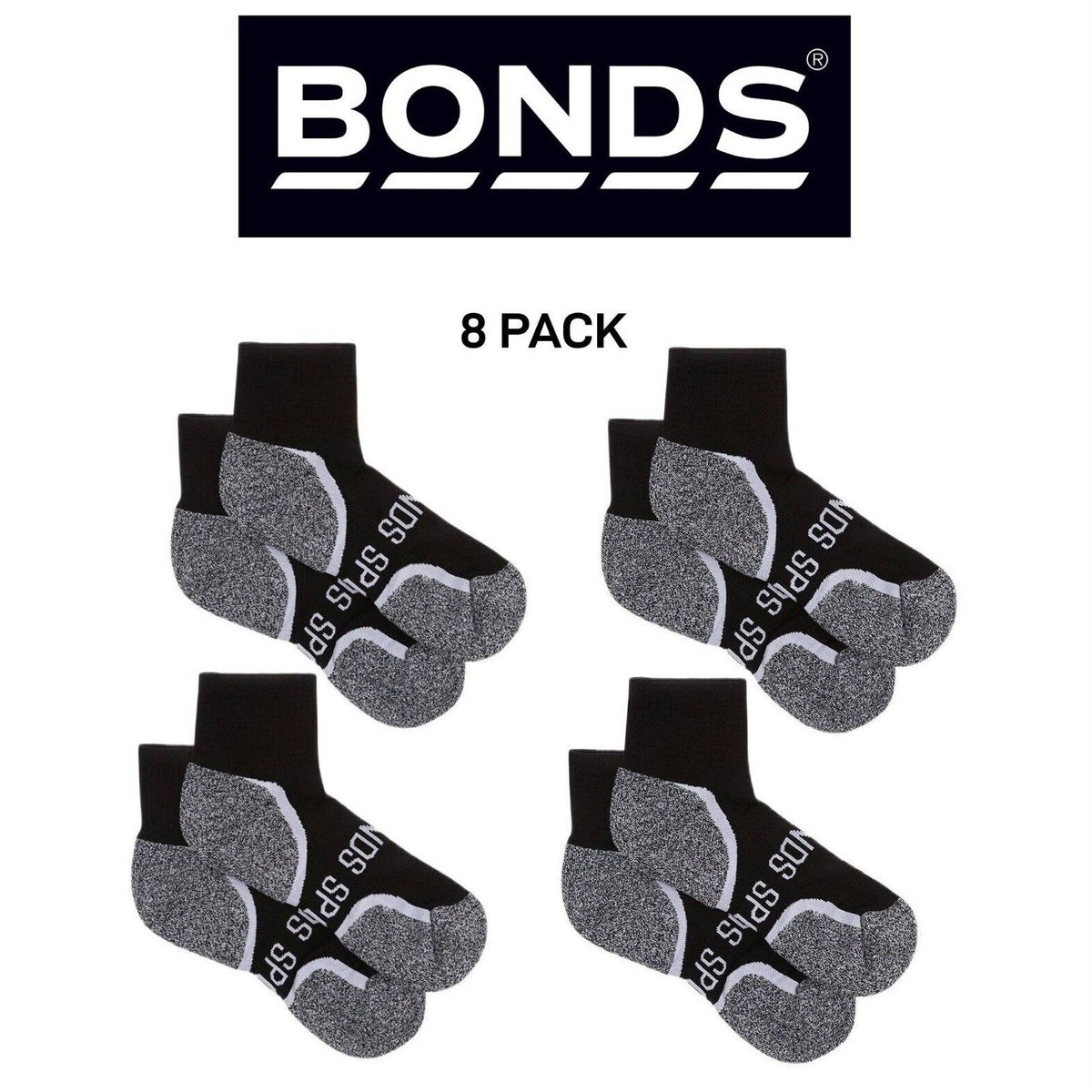 Bonds Mens Ultimate Comfort Quarter Crew Socks Breathable Cotton 8 Pack SXV92N