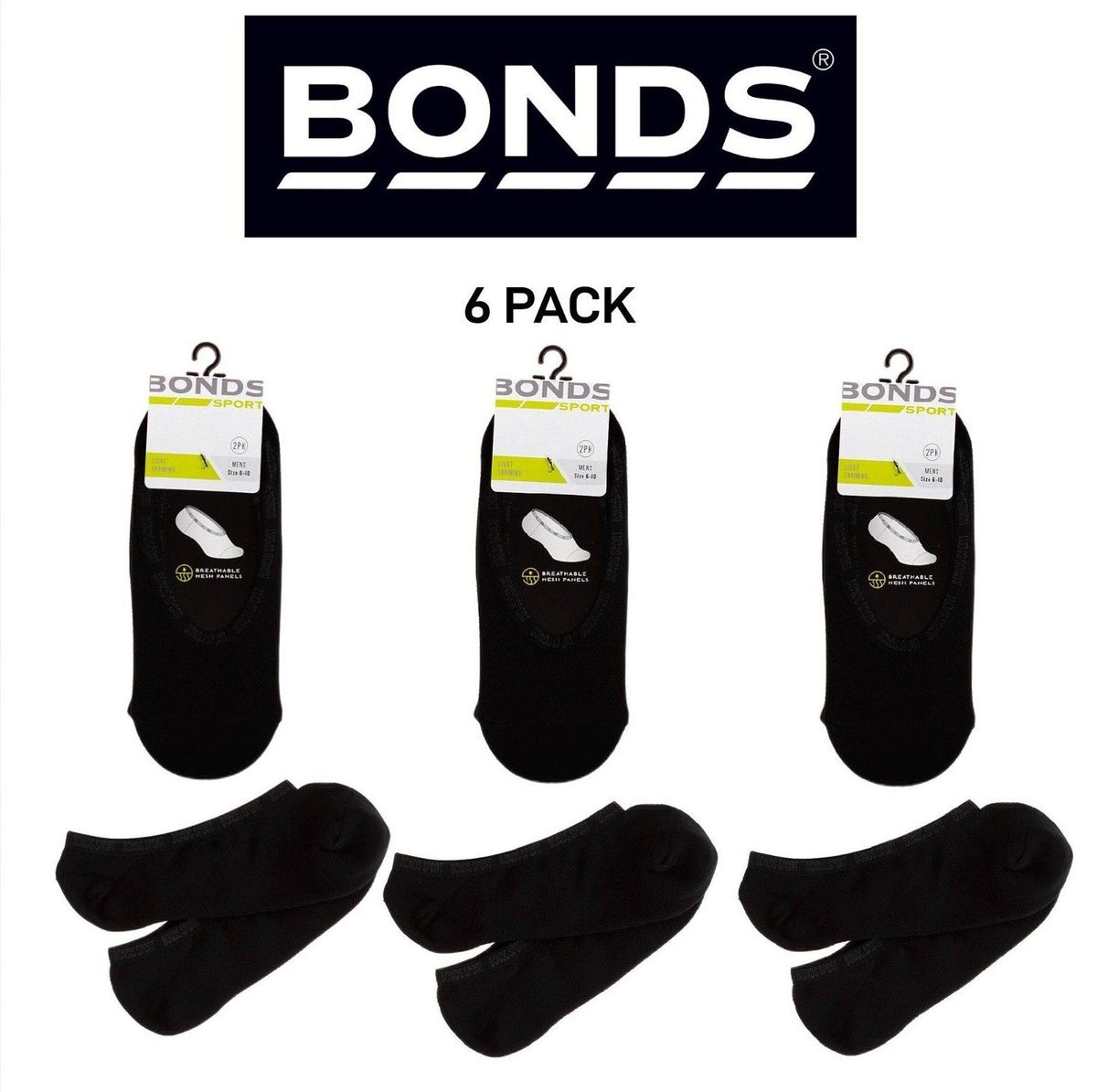 Bonds Mens Mesh Play Cool Footlet Socks Sport Active Running 6 Pack SYRU2N