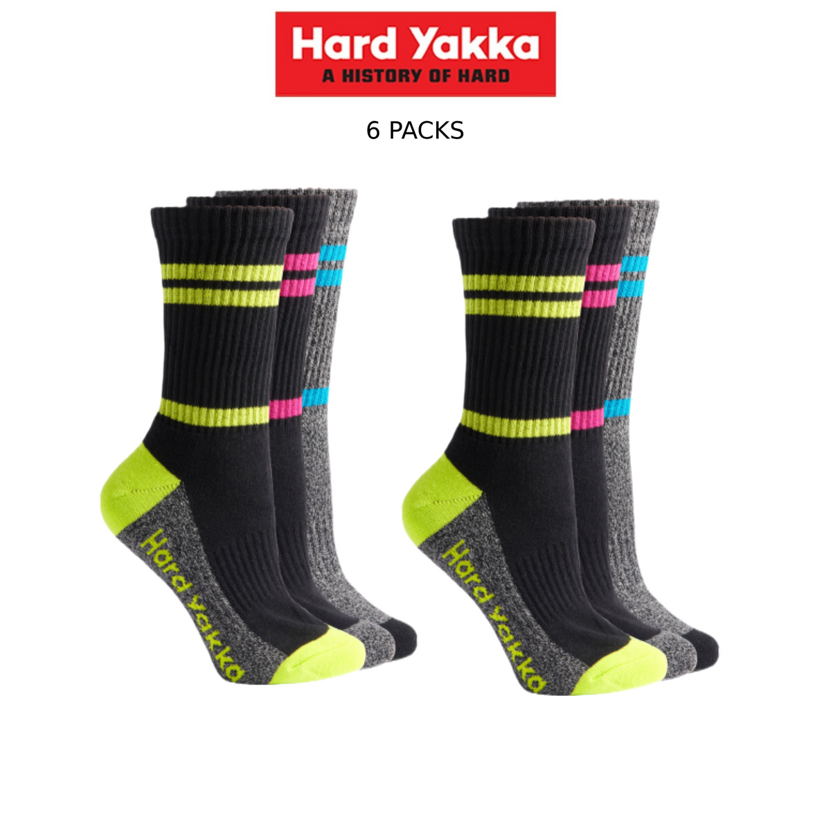 Hard Yakka Womens Crew 6 Pack Work Socks Multi Colored Cotton Comfort Y20120