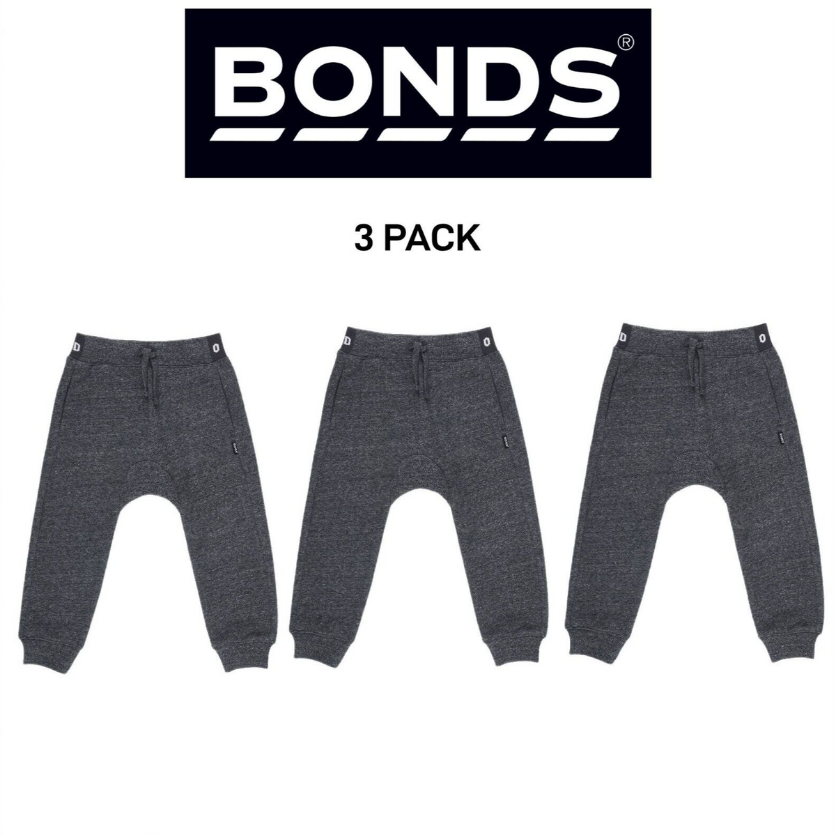 Bonds Kids Fleece Logo Trackie Pants Tie Cord at Waist Drawstring 3 Pack KWLEK