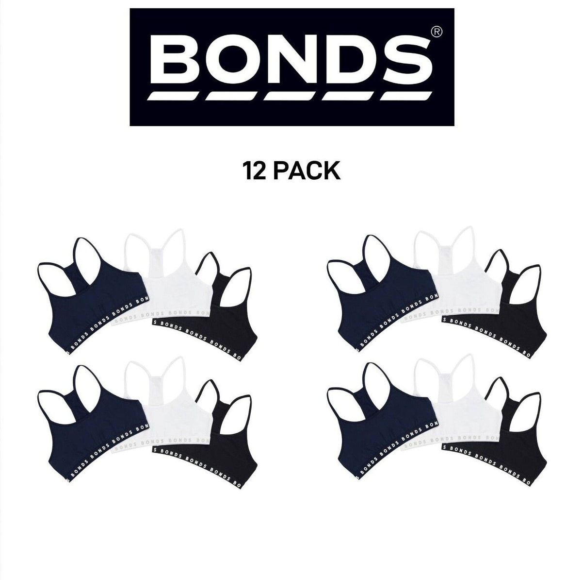 Bonds Girl Hipster Racer Crop Non-Slip Strap Racerback Shape Bra 12 Pack UWPT3A