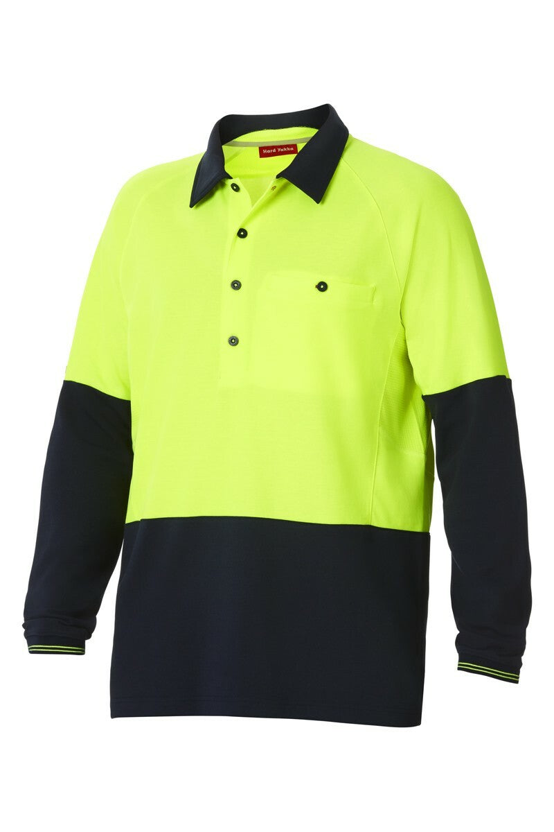 Mens Hard Yakka Koolgear Hi-Vis 2 Toned Long Sleeve Vent Polo Shirt Work Y11389