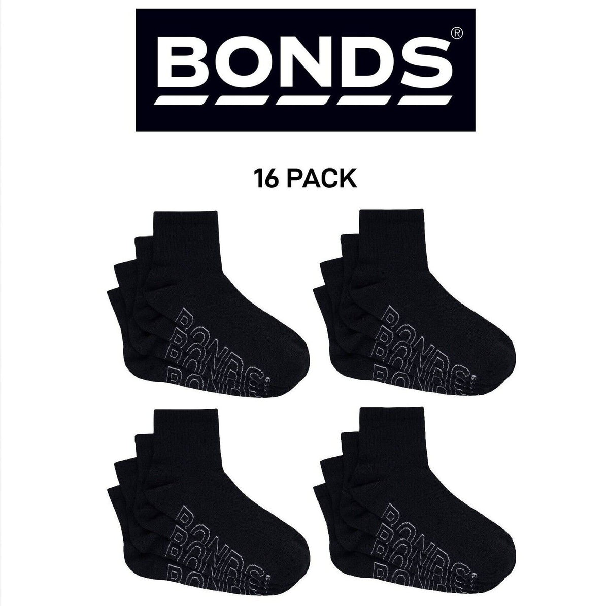 Bonds Mens Logo Lightweight Quarter Crew Comfy Aussie Cotton Sock 16 Pack SXMX4N