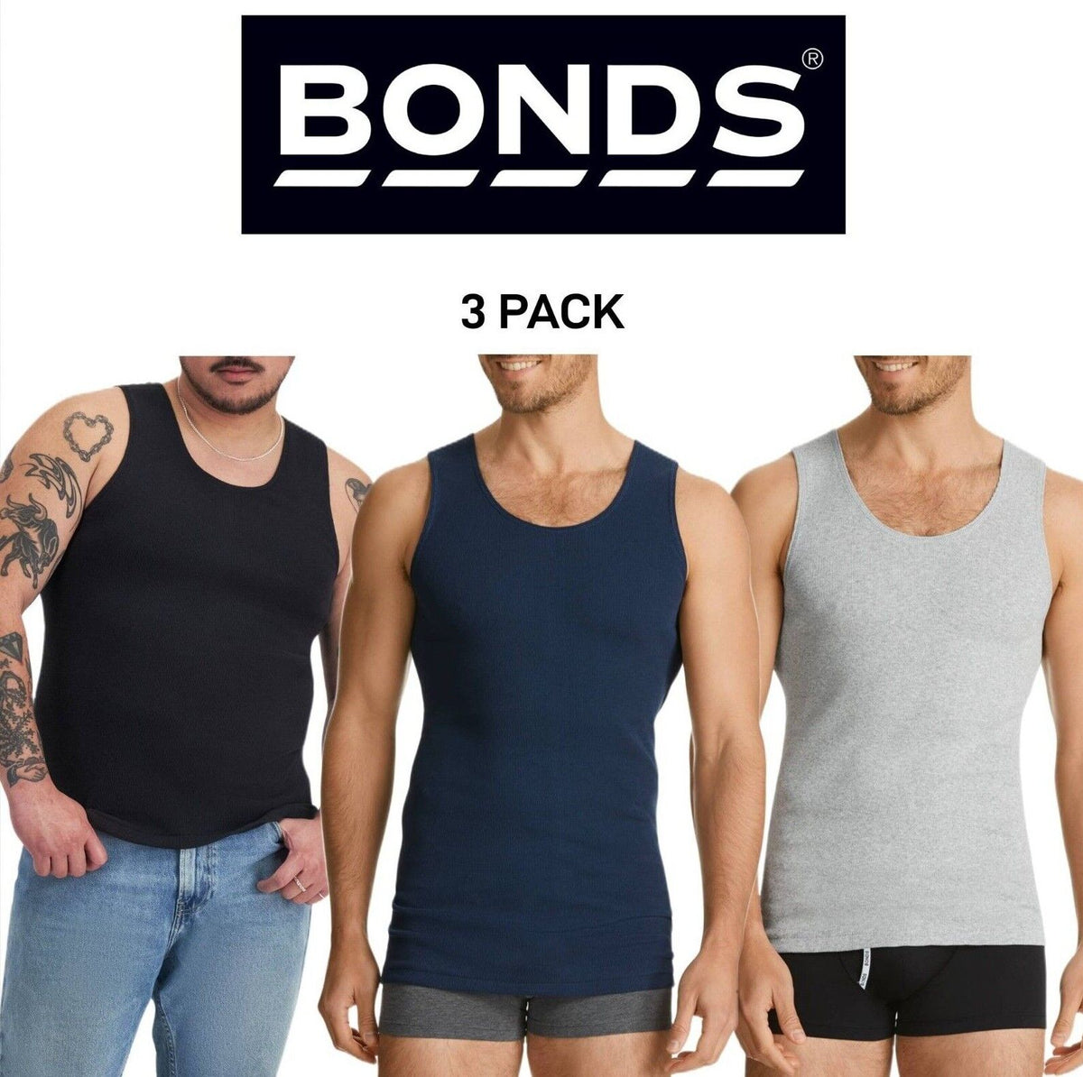 Bonds Mens Chesty Singlets Cotton Side Seamfree Comfortable Fit 3 Pack M757O