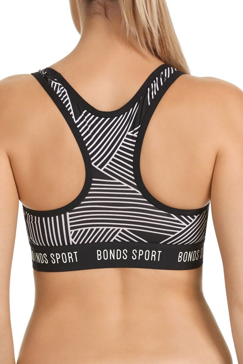 Womens Bonds Active Micro Crop Body Top Running Gym Yoga Geometric Black White