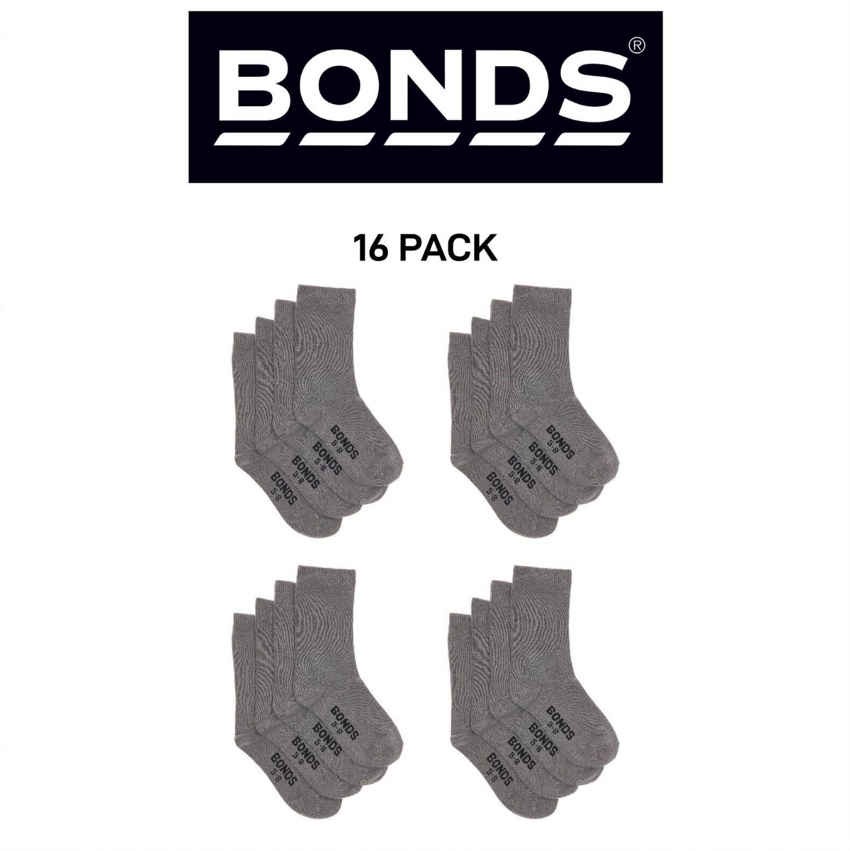 Bonds Kids School Oxford Crew Socks Comfort and Serious Softness 16 Pack R6074W