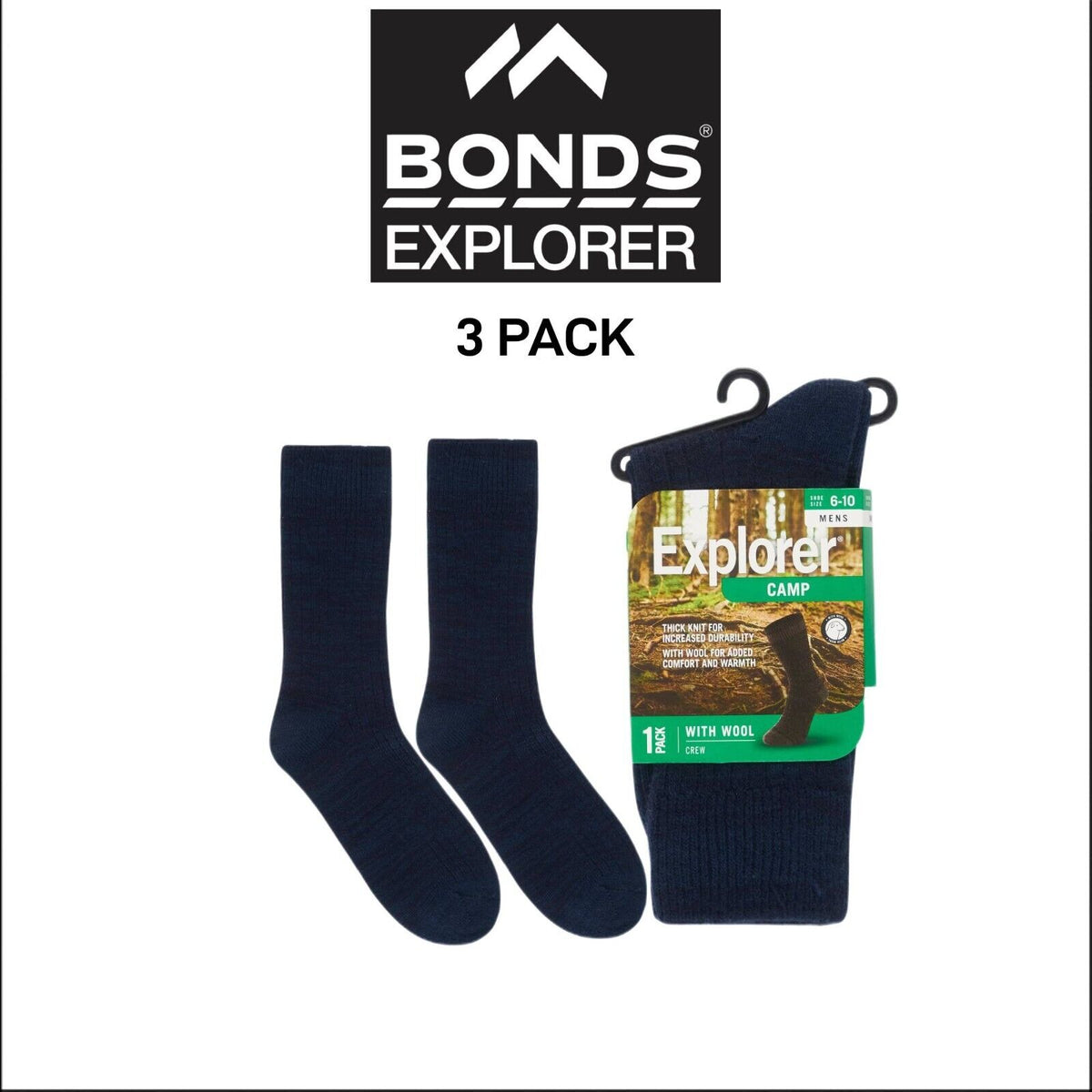 Bonds Explorer Camp Wool Crew Soft Cushioned Durable Sock 3 Pack SYQE1N