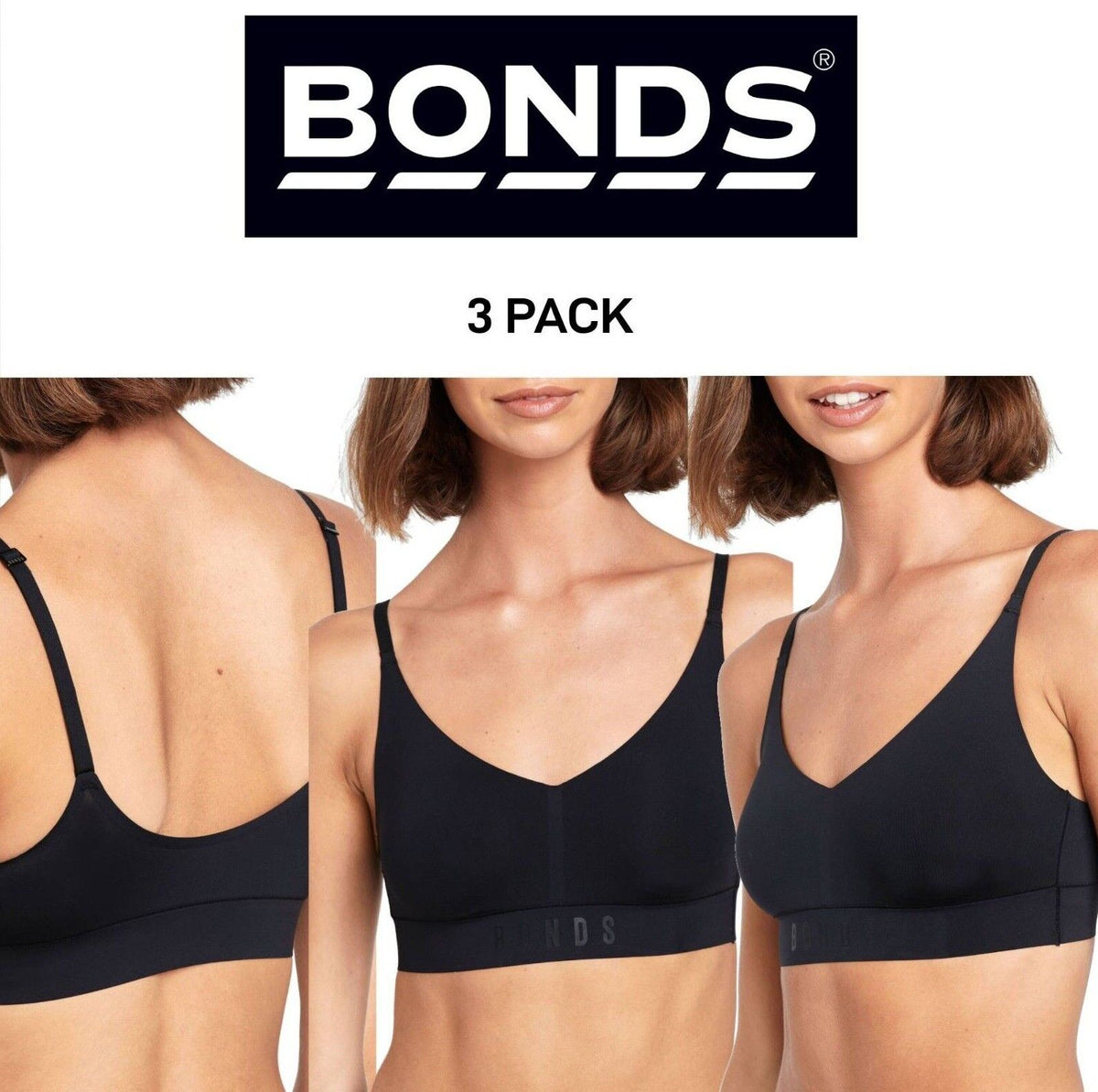 Bonds Womens Invisi Bralette Sleek & Lightweight Adjustable Strap 3 Pack YXBB