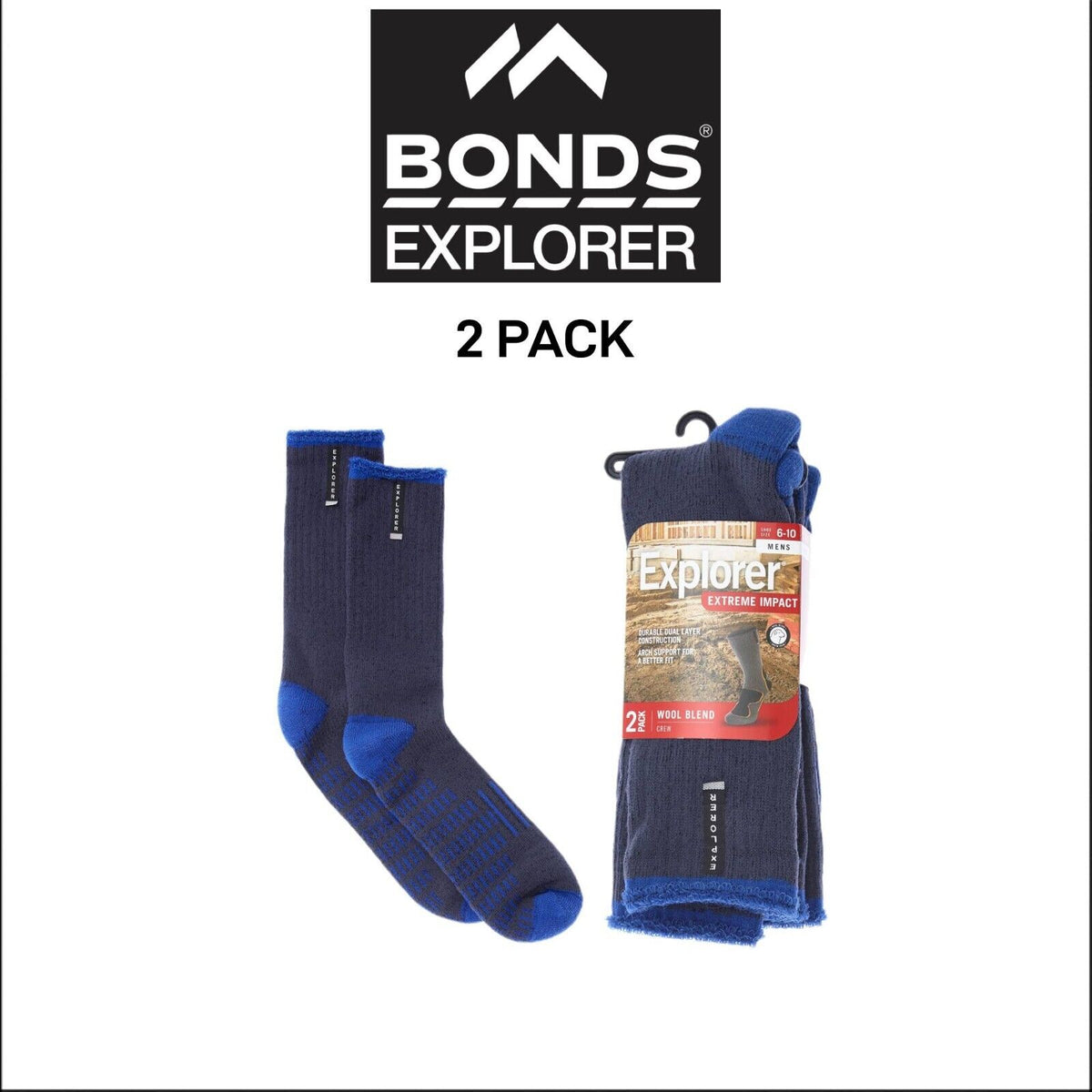 Bonds Mens Explorer Extreme Wool Crew Durable Dual Layer Sock 2 Pack SZSC2W