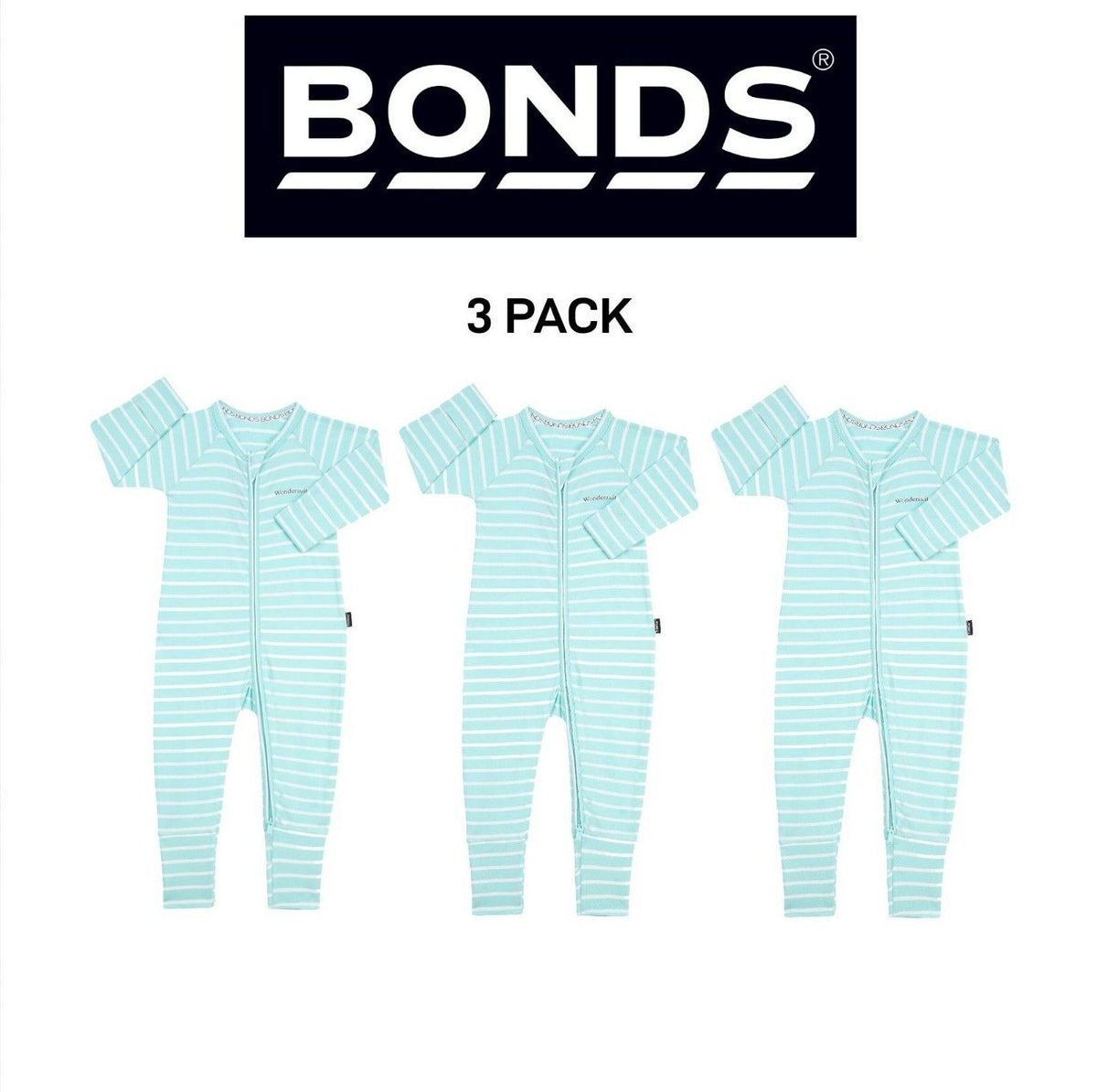 Bonds Baby Zip Wondersuit Soft Cosy Stretchy Fabric Logo Waistband 3 Pack BZDYA