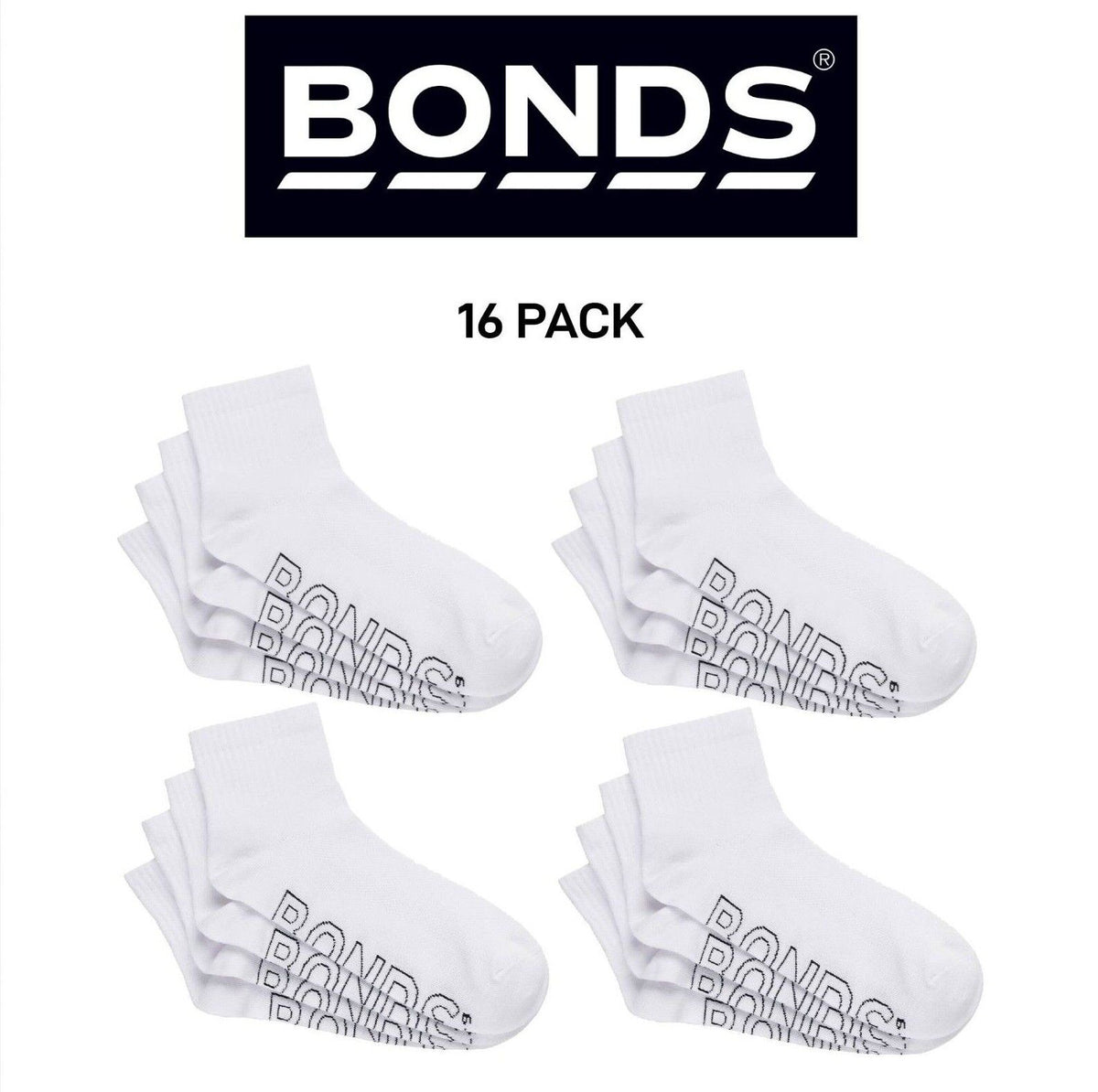 Bonds Mens Logo Lightweight Quarter Crew Comfy Aussie Cotton Sock 16 Pack SXMX4N